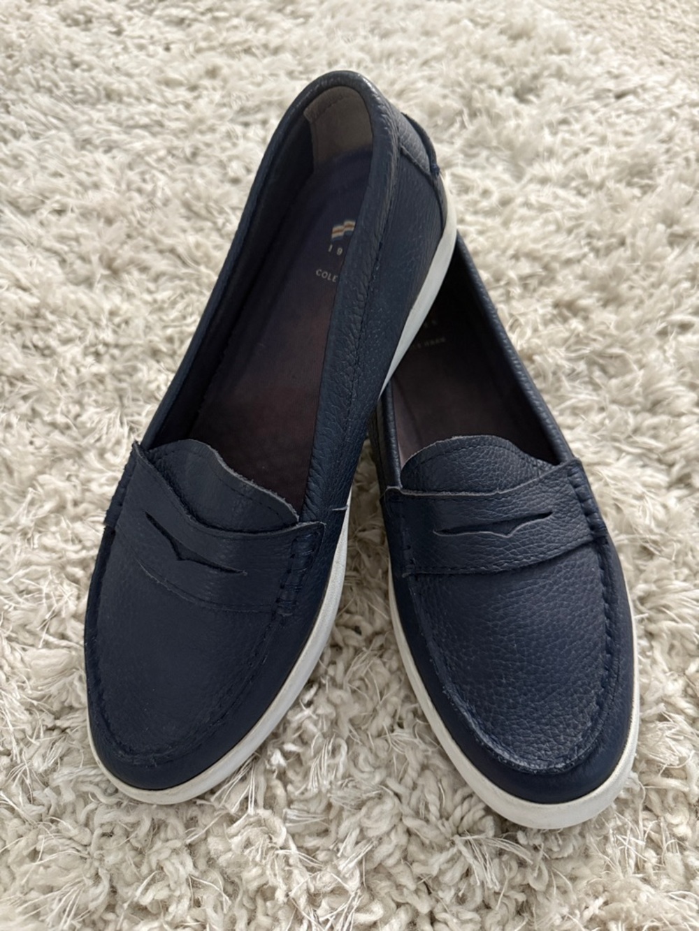 Cole Haan Navy Leather Slip-On Penny Loafers with White Sole